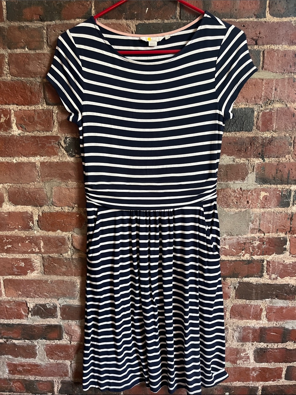 Boden Navy and White Striped Short Sleeve Boat Neckline Casual Dress
